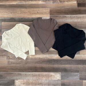 Women's Long Sleeve Athletic Stretch Tops - Cream, Brown, and Black - OQQ